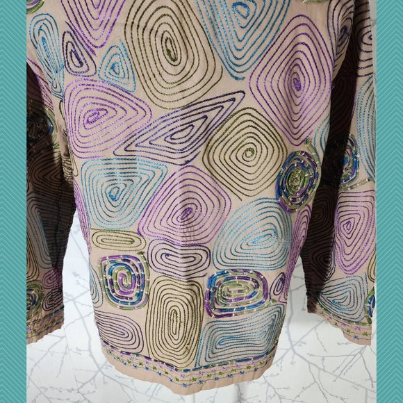 Lifestyle Beige Spiral Psychedelic Embroidered Open Front Jacket - Picture 5 of 6